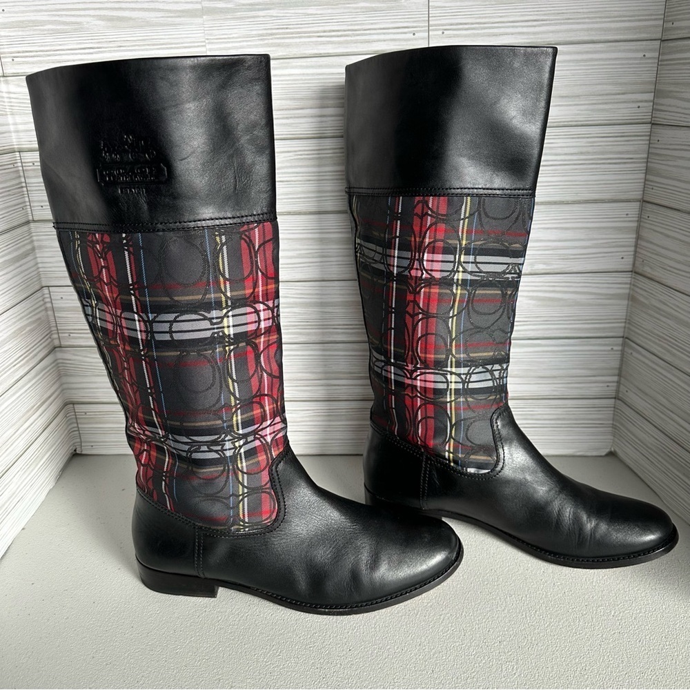 COACH CHRISSI  SIGNATURE leather BLACK MULTI TARTAN TALL BOOTS